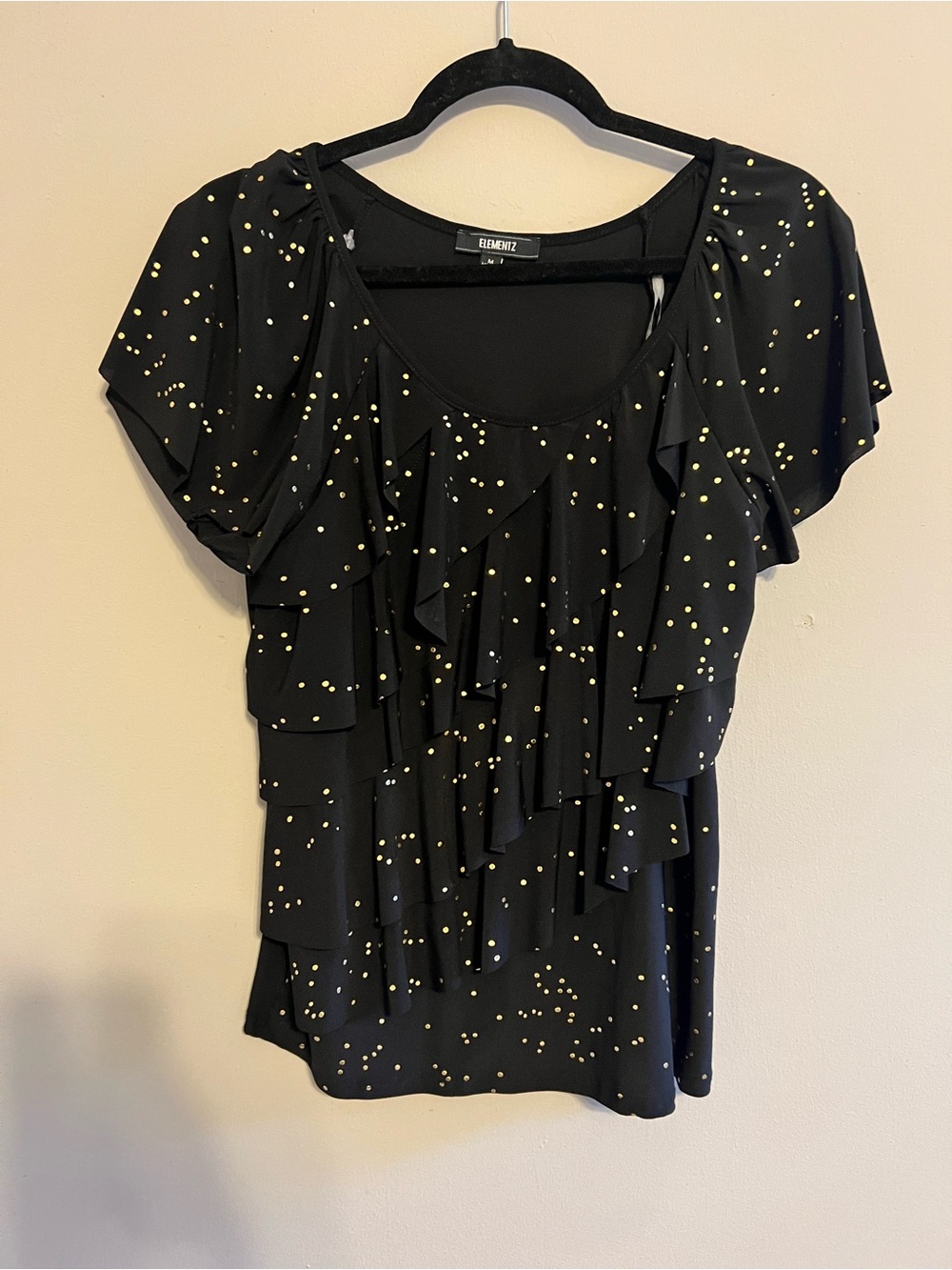 Elementz Black Ruffle Short Sleeve Top with Silver and Gold Dot Print | Womens M